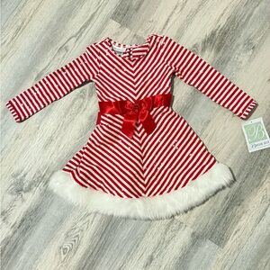 NWT Toddler Girl Red Striped Holiday Dress with Faux Fur Trim 3T